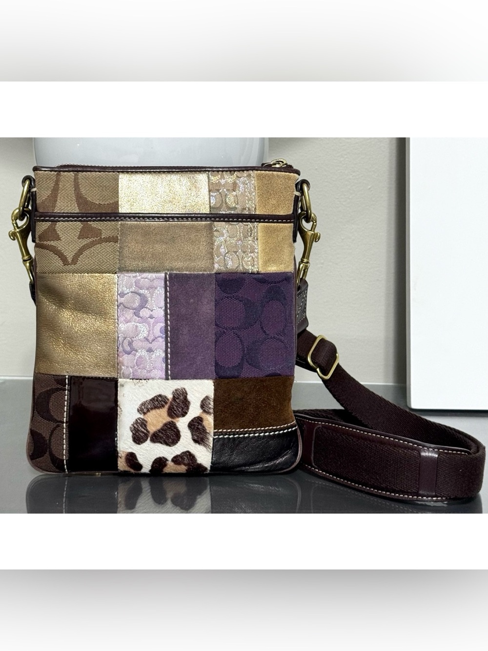 COACH Patchwork‎ Swingpack Crossbody Leopard Haircalf Metallic - Picture 2 of 9